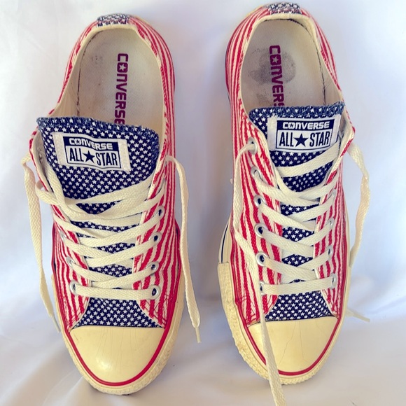 Pre- Loved Converse All Star Red White Stripe Stars USA Flag Low Top Sneakers - Picture 7 of 11